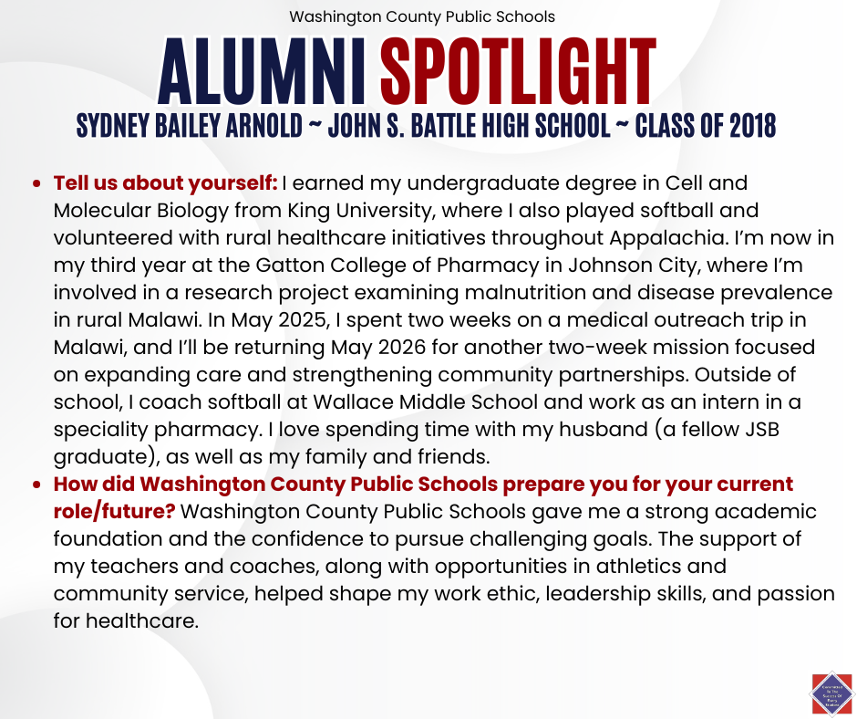WCPS Alumni Spotlight March 2026 -- Sydney Bailey Arnold -- John S. Battle High School -- Class of 2018 