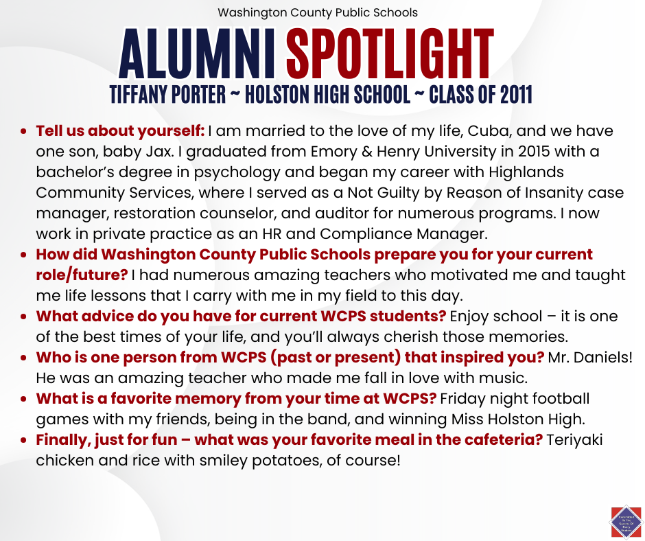 WCPS Alumni Spotlight March 2026 -- Tiffany Porter -- Holston High School -- Class of 2011