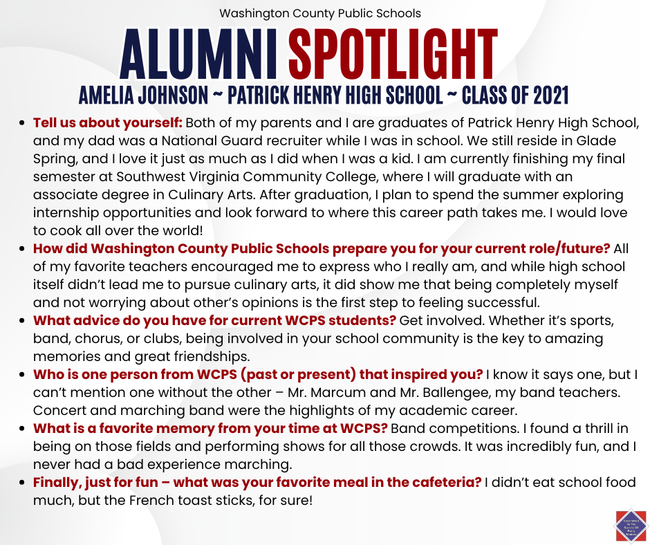 WCPS Alumni Spotlight March 2026 -- Amelia Johnson -- Patrick Henry High School -- Class of 2021