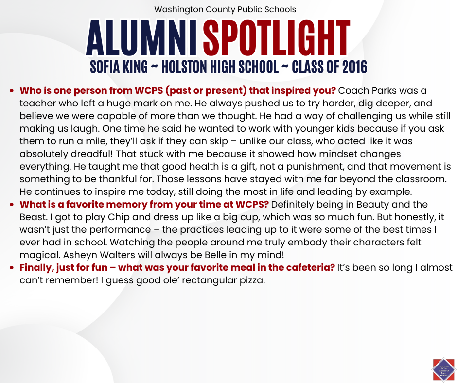 WCPS Alumni Spotlight April 2026 -- Sofia King -- Holston High School -- Class of 2016