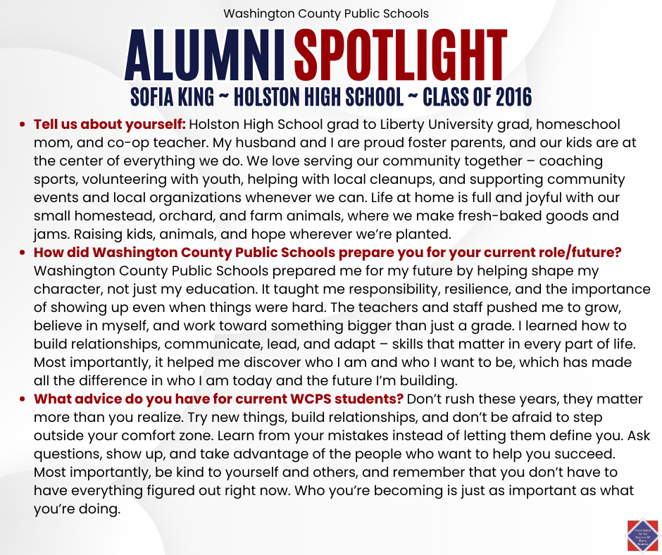 WCPS Alumni Spotlight April 2026 -- Sofia King -- Holston High School -- Class of 2016