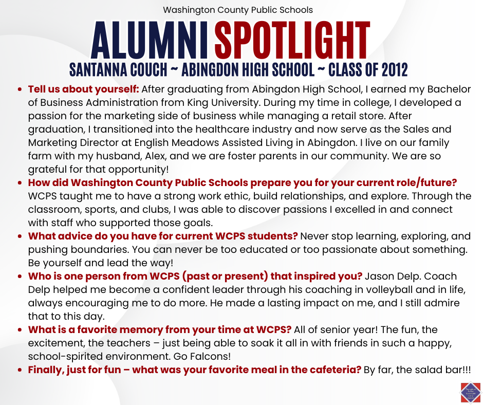 WCPS Alumni Spotlight April 2026 -- Santanna Couch -- Abingdon High School -- Class of 2012