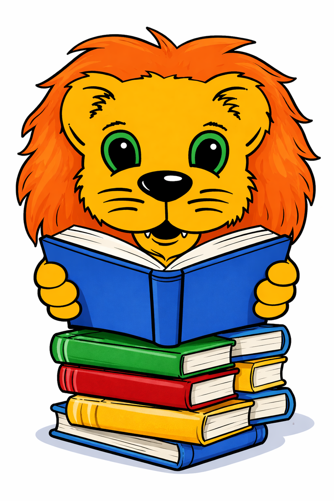 cartoon lion reading books