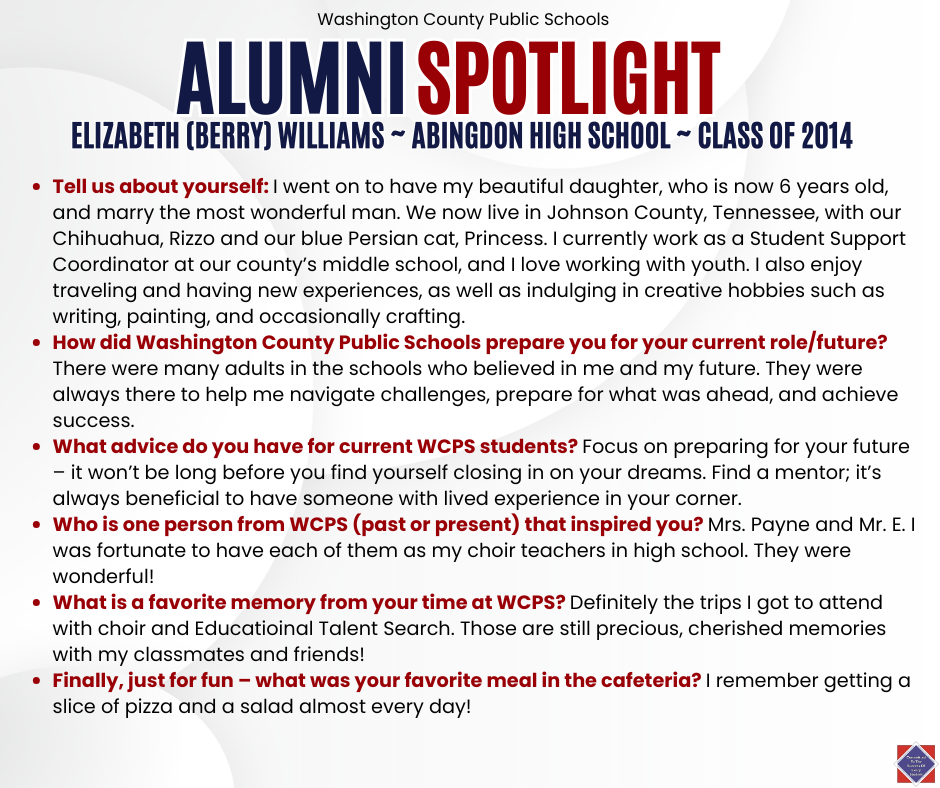 WCPS Alumni Spotlight April 2026 -- Elizabeth (Berry) Williams -- Abingdon High School -- Class of 2014