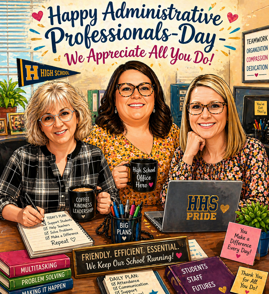 Happy Administrative Professionals Day image of three women sitting at a desk covered with books, cards, and signs.