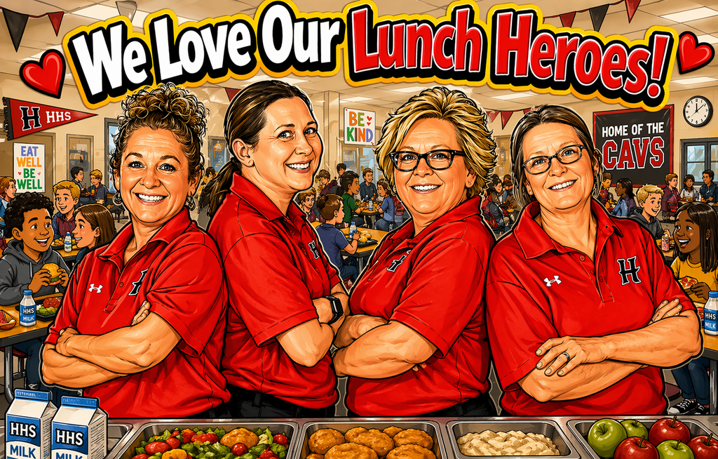 A cartoon image of four cafeteria workers in front of a sign saying "We Love Our Lunch Heroes!" 