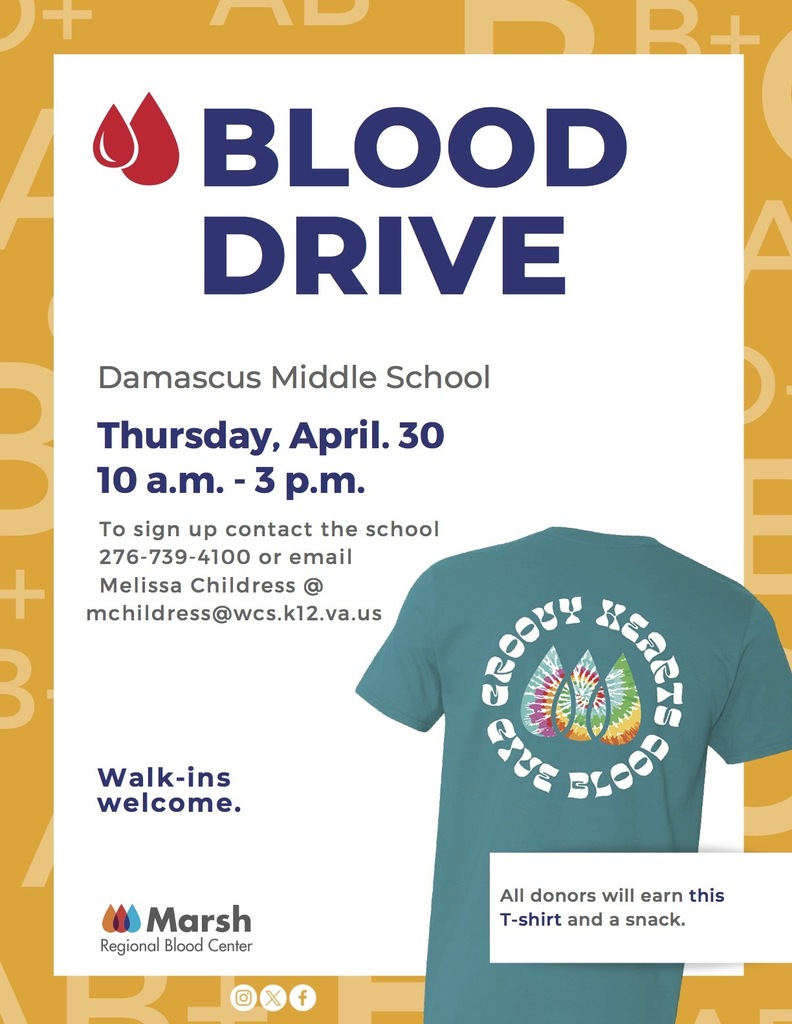 Flyer for a blood drive at Damascus Middle School on Thursday, April 30.