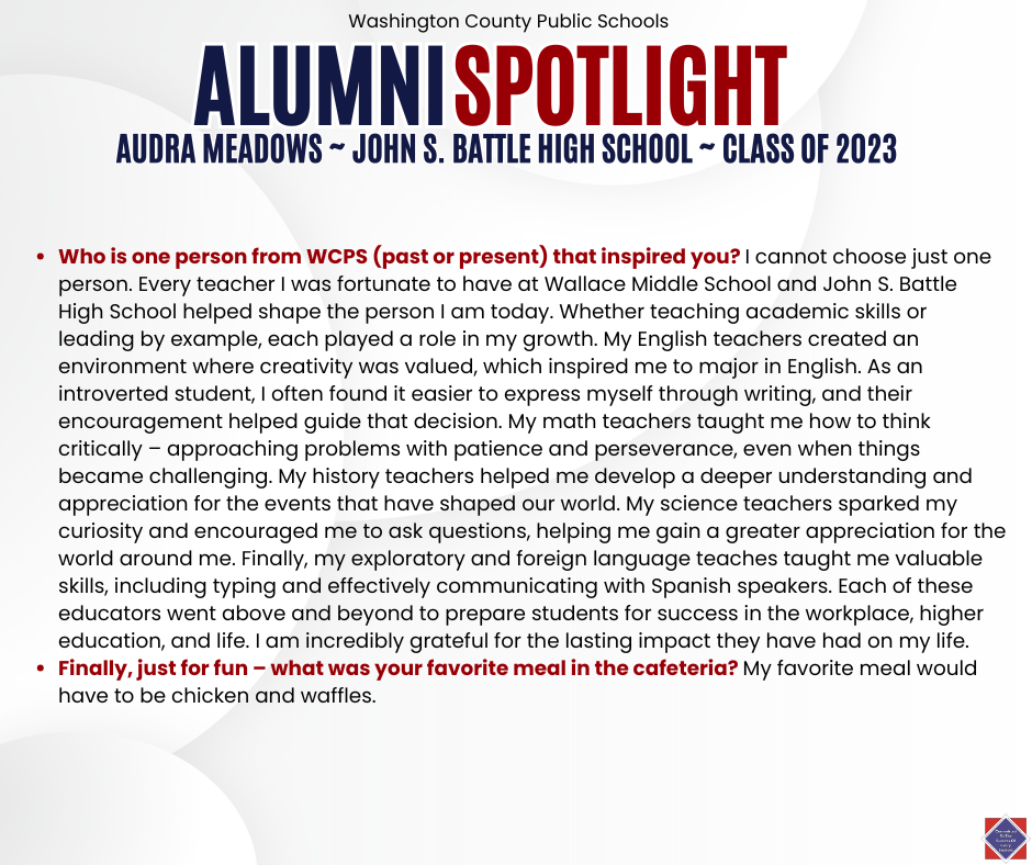 WCPS Alumni Spotlight May 2026 -- Audra Meadows -- John S. Battle High School -- Class of 2023 