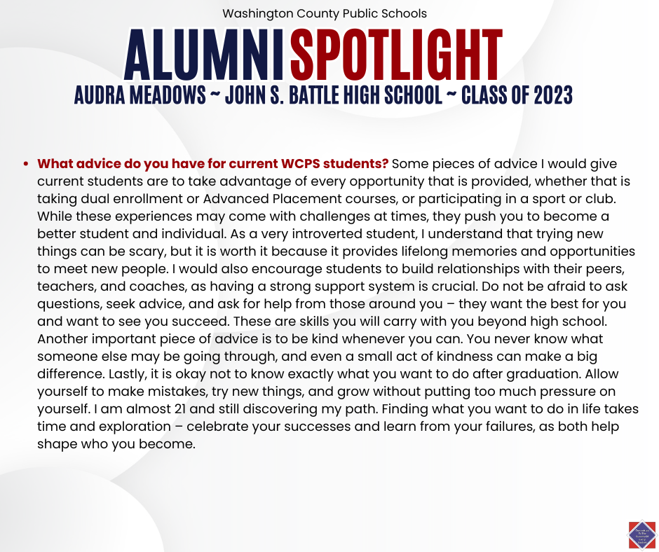 WCPS Alumni Spotlight May 2026 -- Audra Meadows -- John S. Battle High School -- Class of 2023 