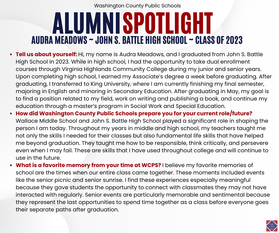 WCPS Alumni Spotlight May 2026 -- Audra Meadows -- John S. Battle High School -- Class of 2023 