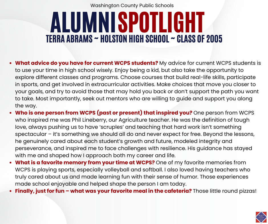 WCPS Alumni Spotlight May 2026 -- Terra Abrams -- Holston High School -- Class of 2005