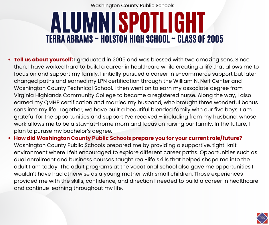 WCPS Alumni Spotlight May 2026 -- Terra Abrams -- Holston High School -- Class of 2005