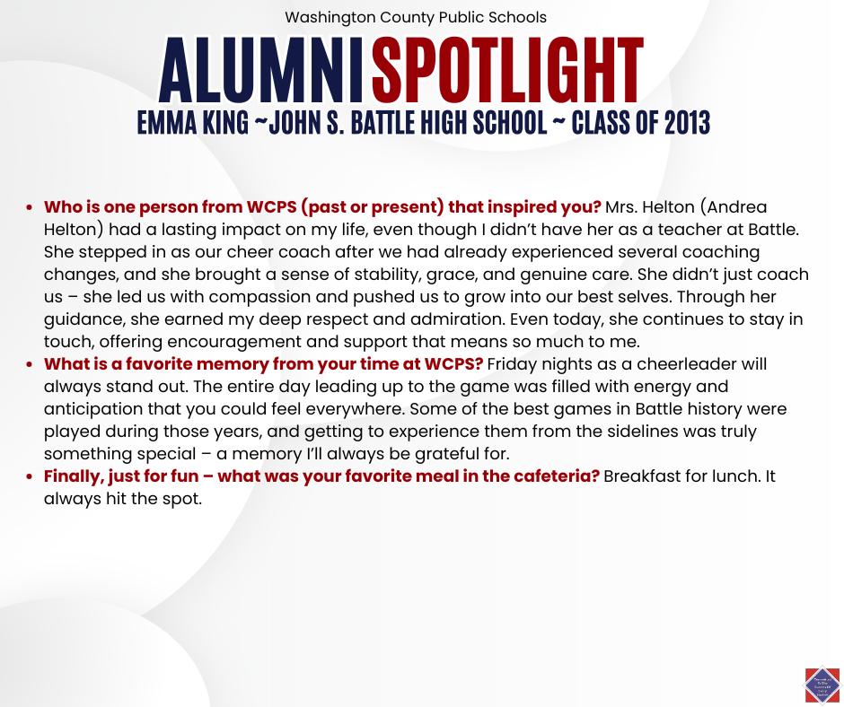 WCPS Alumni Spotlight May 2026 -- Emma King -- John S. Battle High School -- Class of 2013