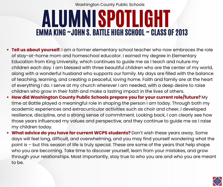 WCPS Alumni Spotlight May 2026 -- Emma King -- John S. Battle High School -- Class of 2013