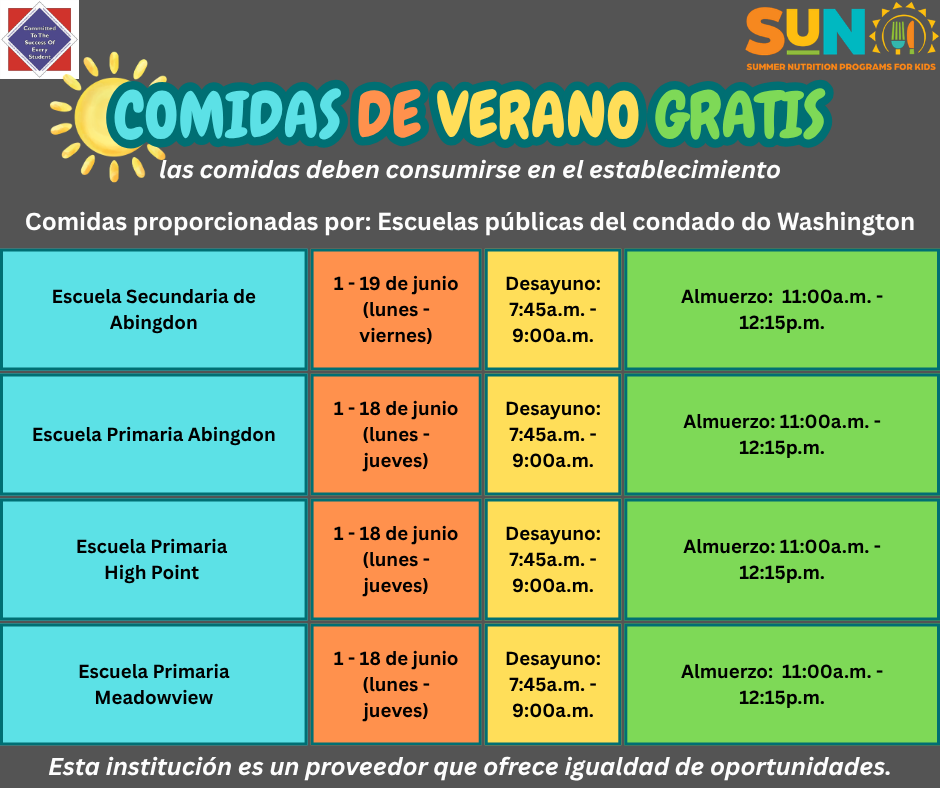 Free Summer Meals 2026 -- Washington County Public Schools (Spanish Graphic) 