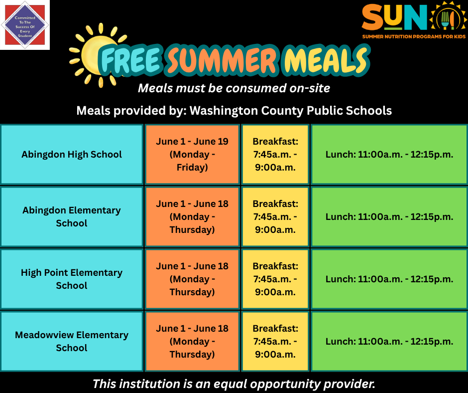 Free Summer Meals 2026 -- Washington County Public Schools (English Graphic) 