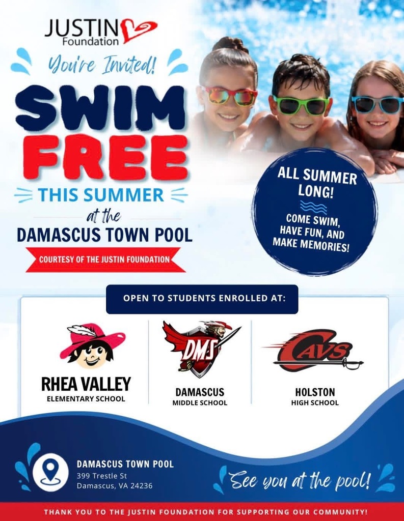 Invitation for students in the Damascus community to swim free at the Damascus Town Pool, thanks to the Justin Foundation