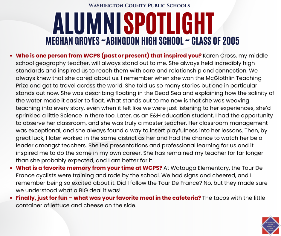 WCPS Alumni Spotlight May 2026 -- Meghan Groves -- Abingdon High School -- Class of 2005 