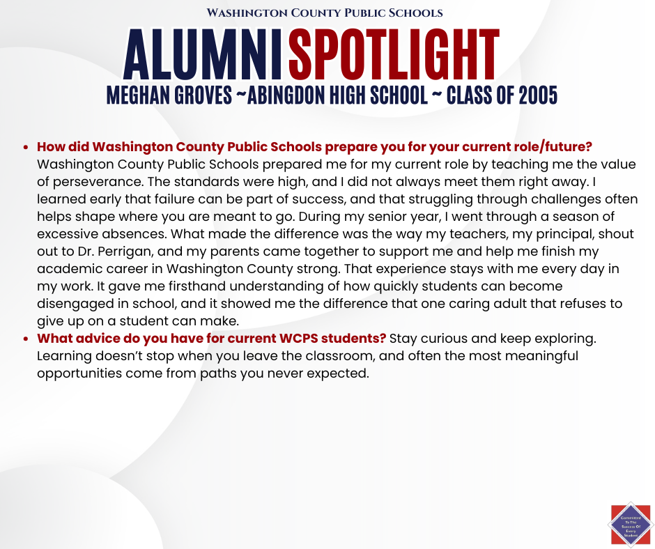 WCPS Alumni Spotlight May 2026 -- Meghan Groves -- Abingdon High School -- Class of 2005 