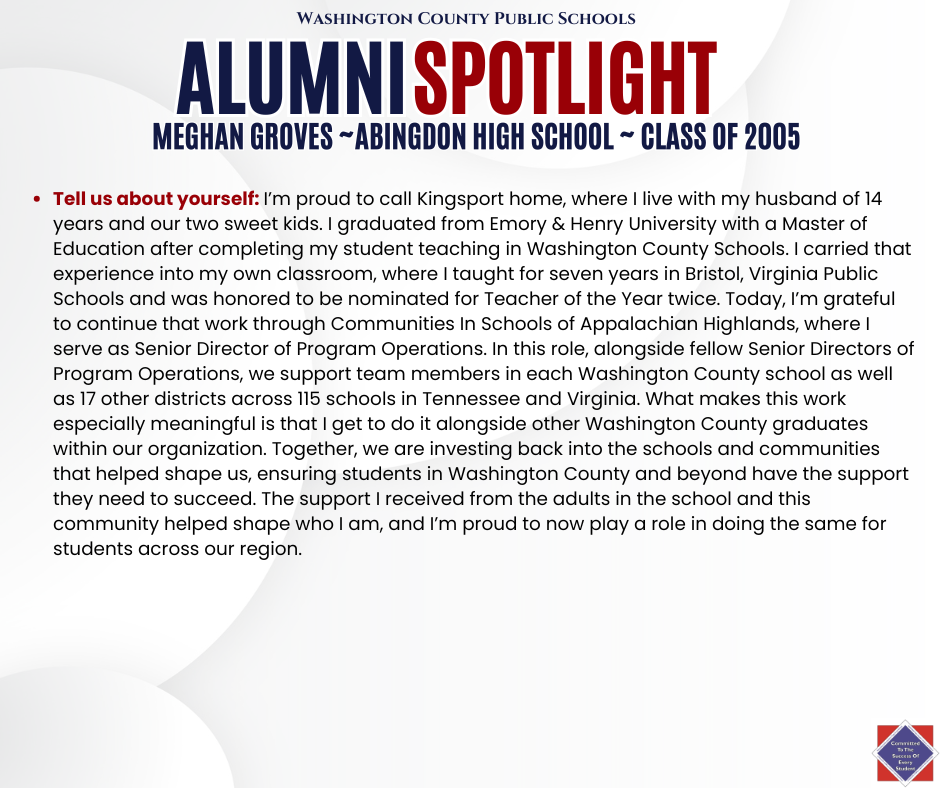 WCPS Alumni Spotlight May 2026 -- Meghan Groves -- Abingdon High School -- Class of 2005 