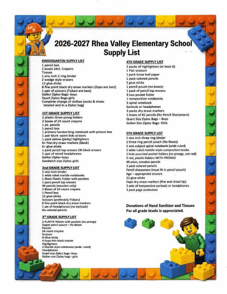 2026-2027 RVES School Supply List