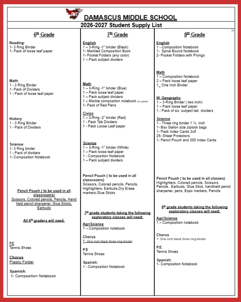 Damascus Middle School 2026-2027 Student Supply List