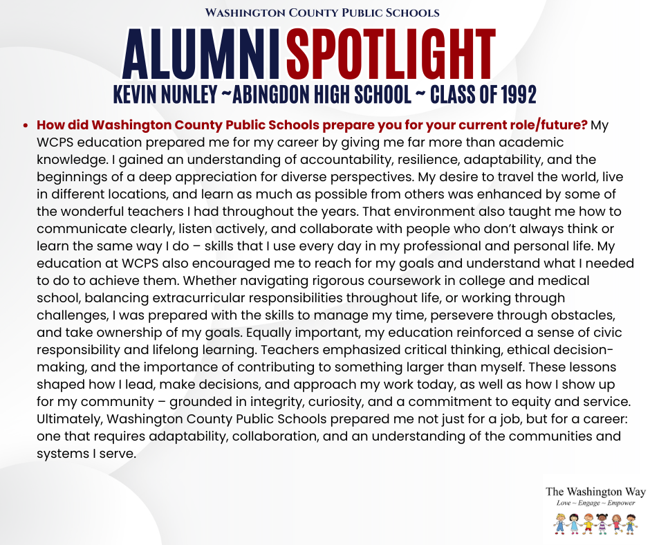 WCPS Alumni Spotlight August 2026 -- Kevin Nunley -- Abingdon High School -- Class of 1992