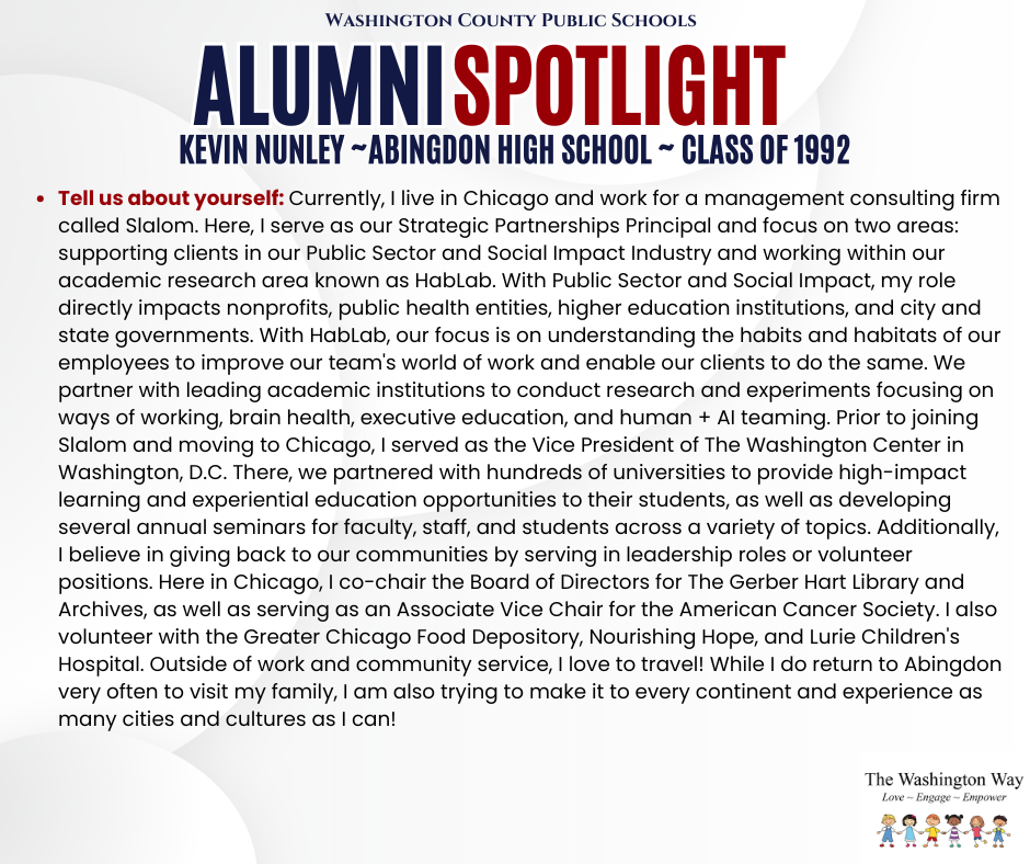 WCPS Alumni Spotlight August 2026 -- Kevin Nunley -- Abingdon High School -- Class of 1992