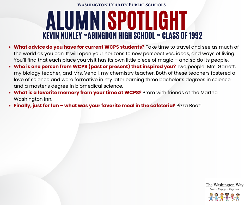 WCPS Alumni Spotlight August 2026 -- Kevin Nunley -- Abingdon High School -- Class of 1992