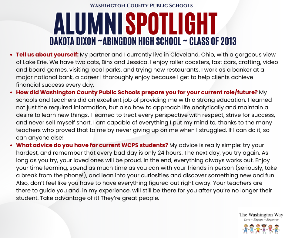 WCPS Alumni Spotlight August 2026 -- Dakota Dixon -- Abingdon High School -- Class of 2013