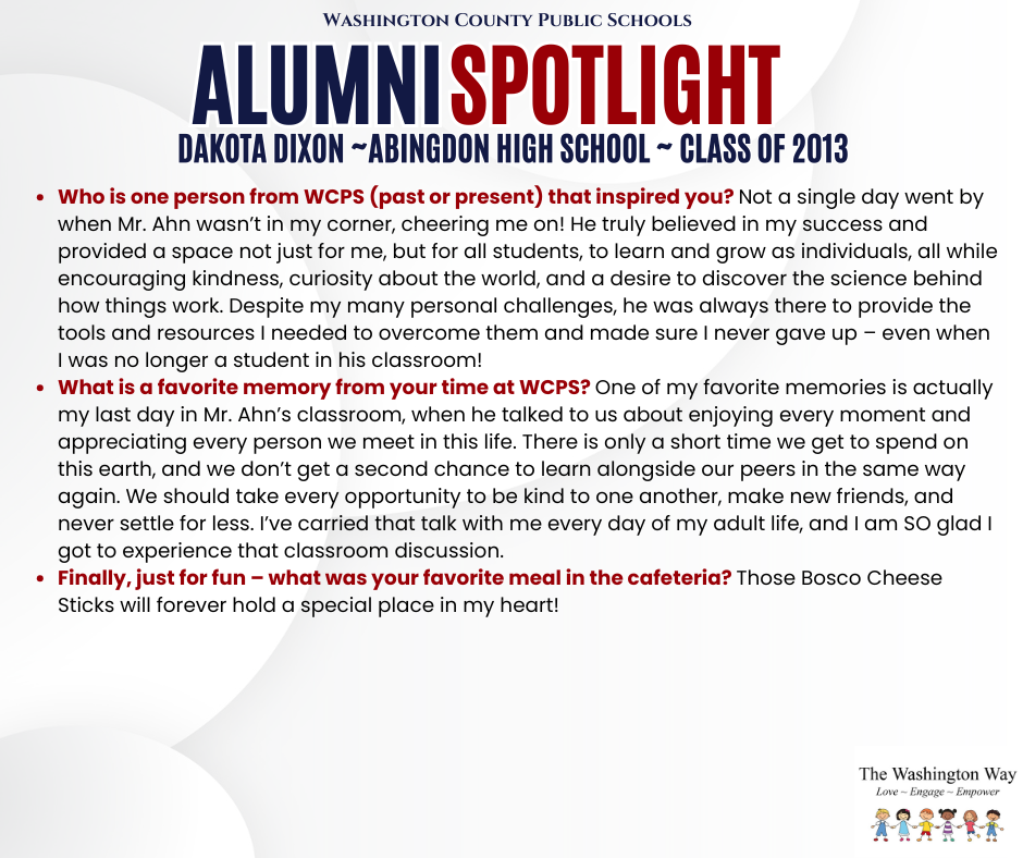 WCPS Alumni Spotlight August 2026 -- Dakota Dixon -- Abingdon High School -- Class of 2013