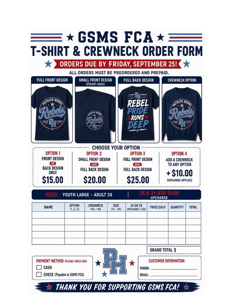 GSMS FCA T-Shirt & Crewneck Order Form -- Homecoming 2026