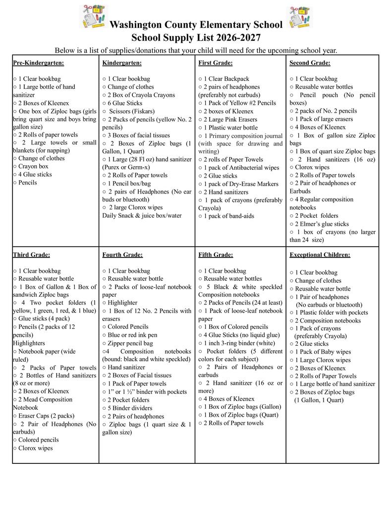 WCES SCHOOL SUPPLY LIST 2026-2027