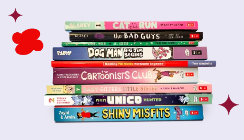 Colorful stack of popular children's books, including Dog Man, The Bad Guys, The Baby-Sitters Little Sister, and The Cartoonists Club, promoting the Scholastic Book Fair.
