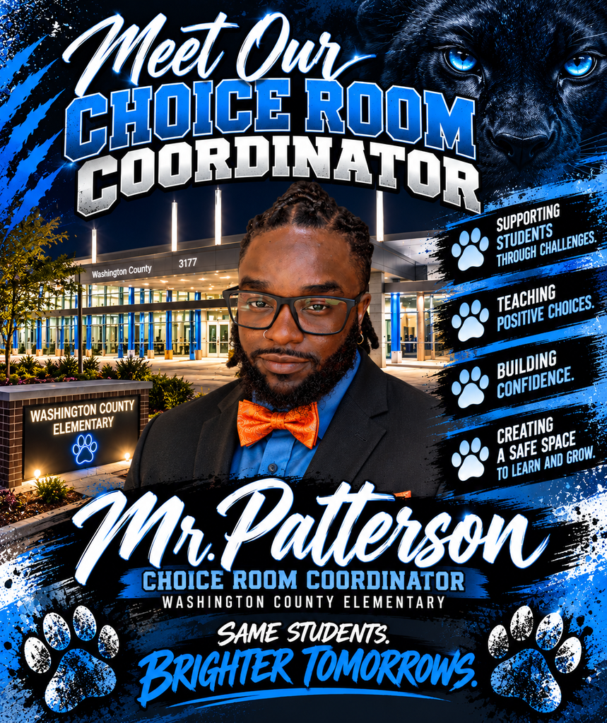 A blue, black, and white Panther-themed staff spotlight poster featuring Mr. Patterson, Choice Room Coordinator at Washington County Elementary School. Mr. Patterson is pictured wearing glasses, an orange blazer, and a matching bow tie. The poster features Panther-themed graphics and highlights his role in guiding positive choices, building character, encouraging student growth, and supporting student success. His name and position are prominently displayed alongside Washington County Elementary School branding.