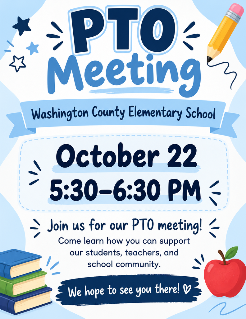 Flyer announcing the Washington County Elementary School PTO meeting on Thursday, October 22, from 5:30–6:30 PM. The flyer features a light blue, white, and navy design with school-themed illustrations. Families are invited to attend, learn how to support the school community, and participate in the election of PTO officers at the first meeting.