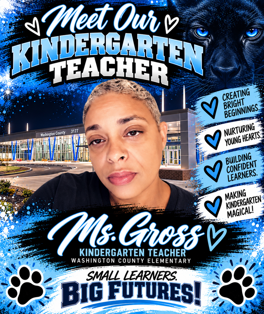 A blue, black, and white Panther-themed staff spotlight poster featuring Ms. Gross, a kindergarten teacher at Washington County Elementary School. Ms. Gross is pictured with short blonde hair, wearing a black top, with the school building in the background and a black panther with bright blue eyes in the upper corner. The poster reads “Meet Our Kindergarten Teacher” and highlights “Creating Bright Beginnings,” “Nurturing Young Hearts,” “Building Confident Learners,” and “Making Kindergarten Magical!” At the bottom, it displays “Ms. Gross,” her position, and the slogan “Small Learners. Big Futures!”