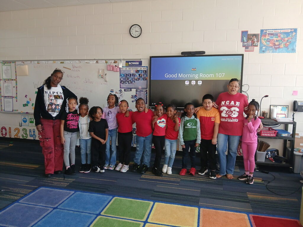 Ms. Gross and Ms. Bennett's Kindergarten Class wearing read for Red Ribbon Week.