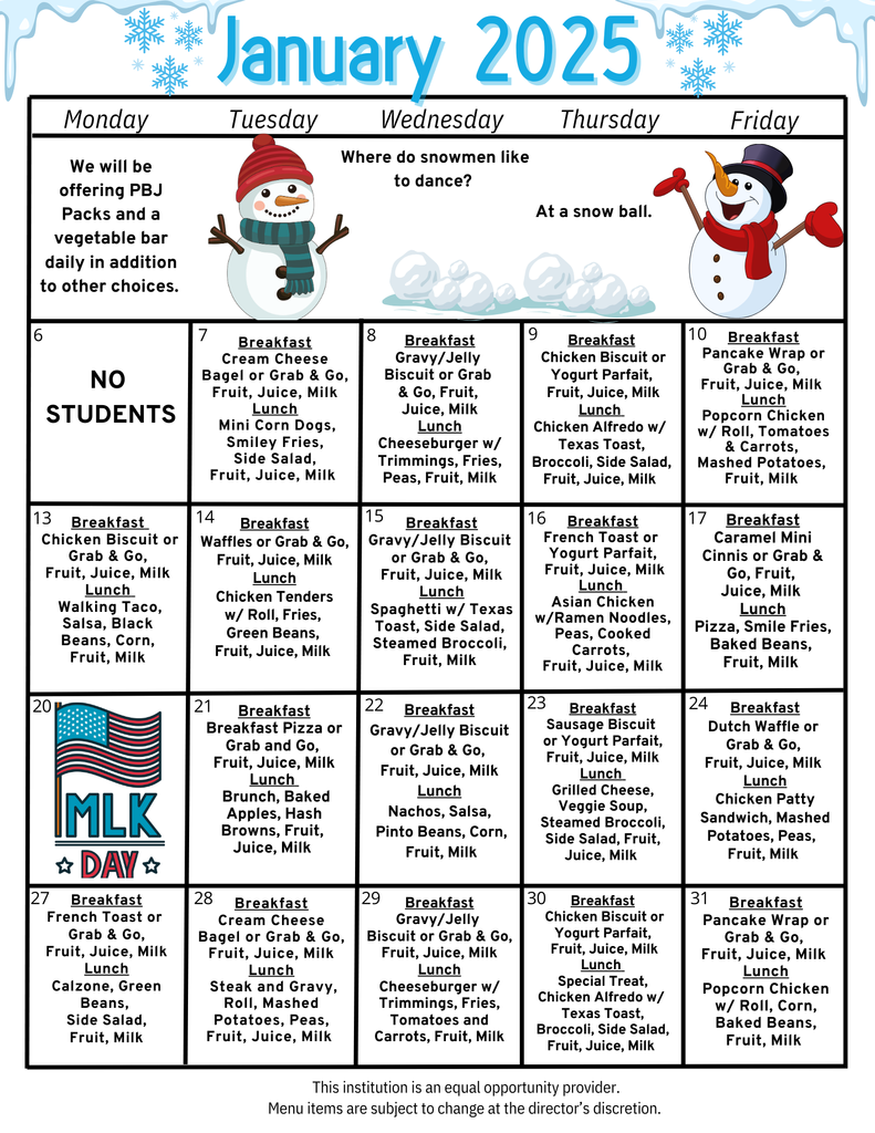 January 2025 Lunch Menu