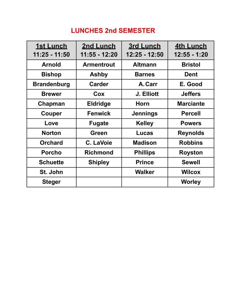 2nd Semester Lunch Schedule