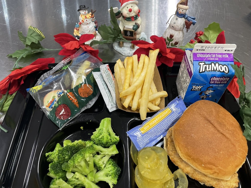 chicken sandwich, broccoli, milk, fries, and apples