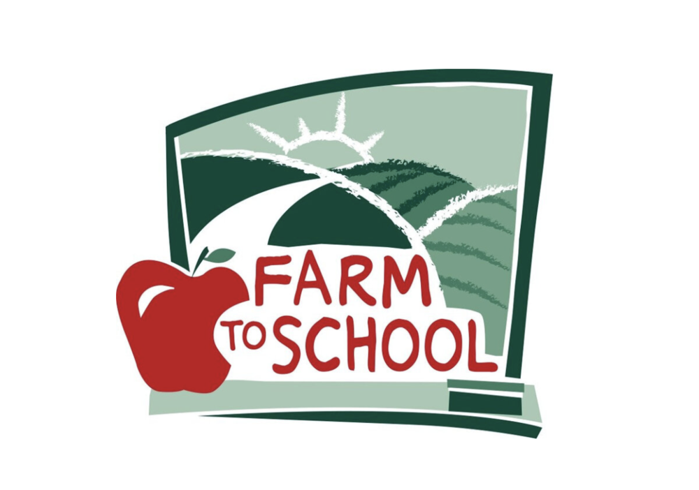 apple and rolling hills with the text Farm to School