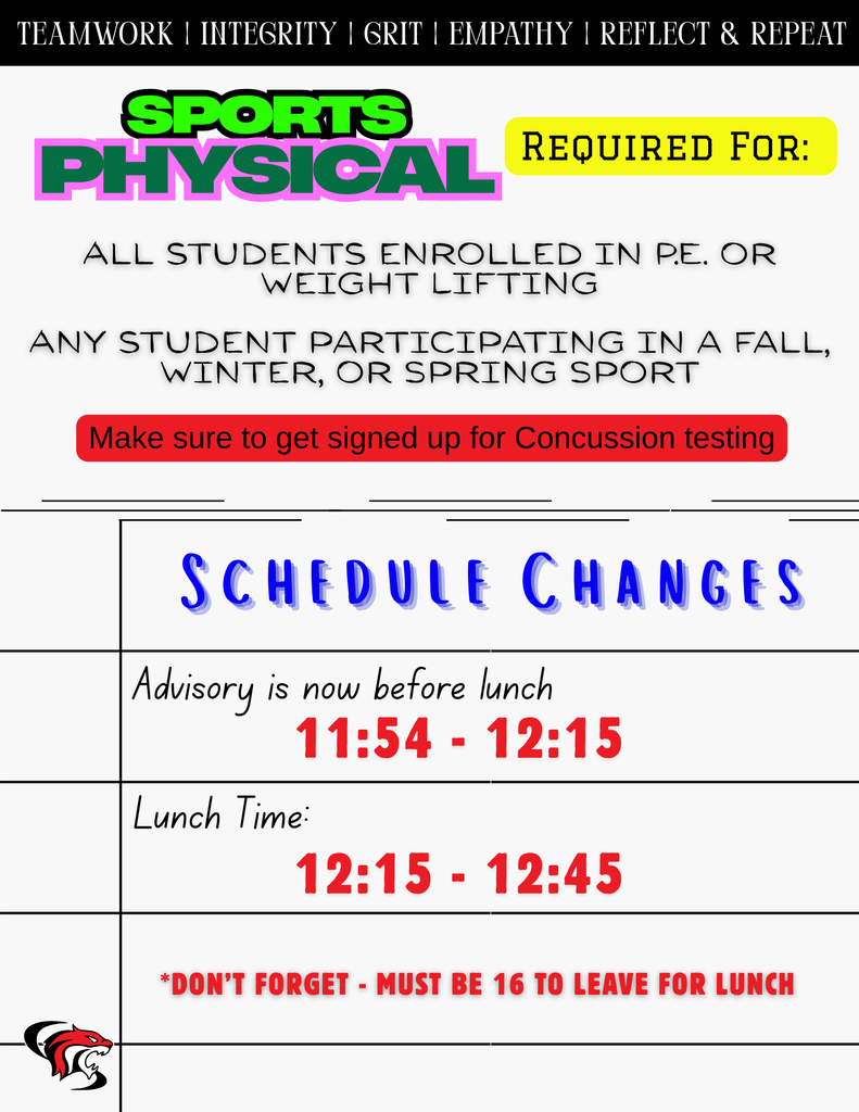 Sports Physicals are required for anyone in a P.E. class and a couple schedule changes