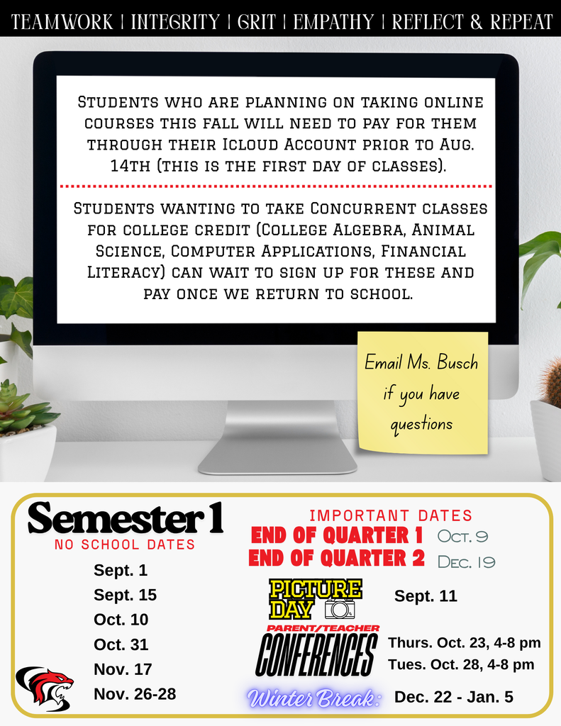 Online course info from Ms. Busch, Important dates for Semester 1