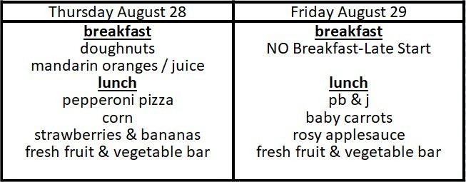 Menu changes Aug 28 & 29