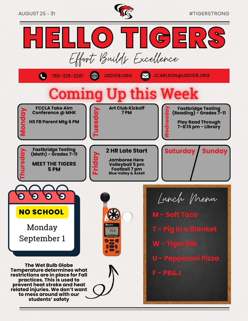 Activity Calendar, Lunch Menu, Wet Bulb Temperature info, No School on Labor Day
