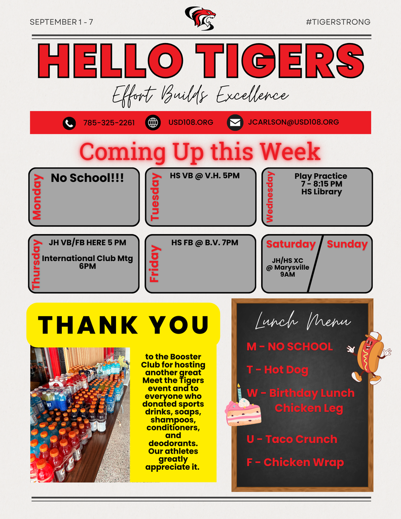 Weekly Activity Calendar, Thank you Booster Club, Lunch Menu