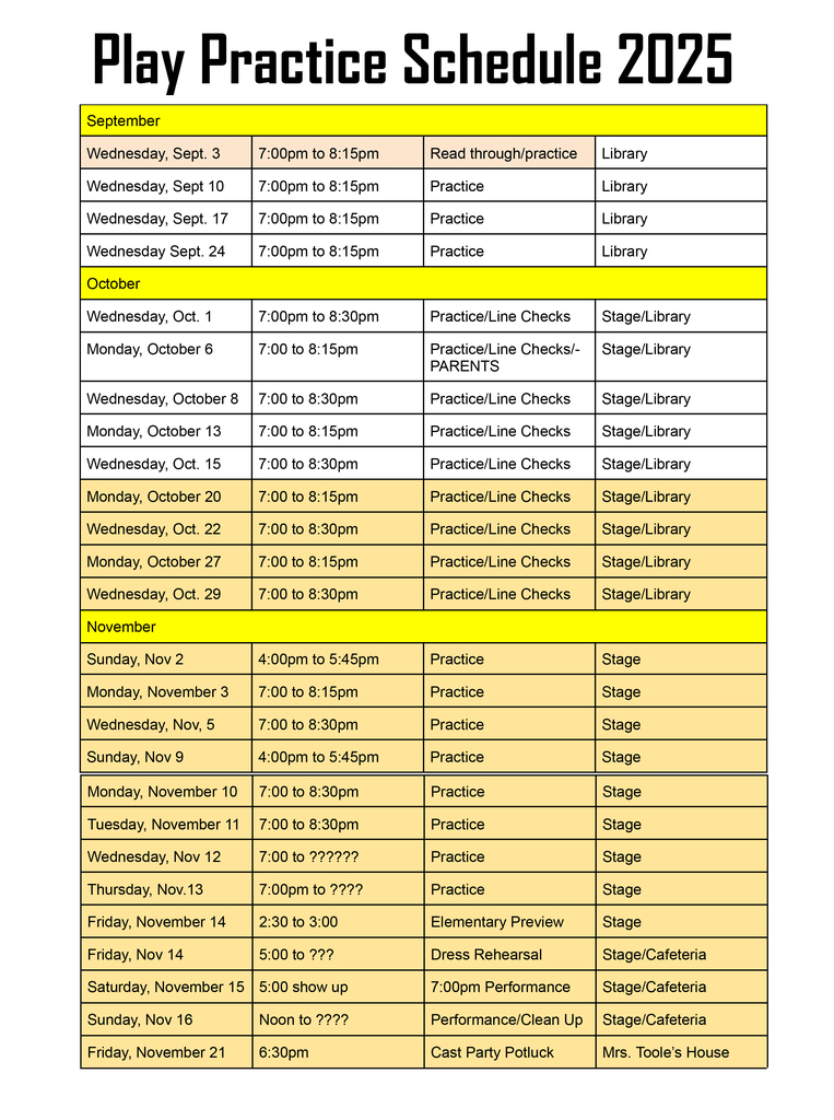 Play practice schedule