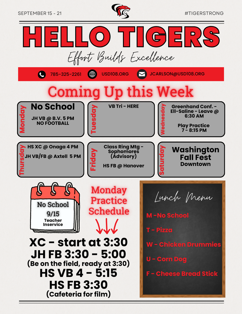 Activity Calendar, Lunch Menu, Monday Sports Practice Times, No School on Monday