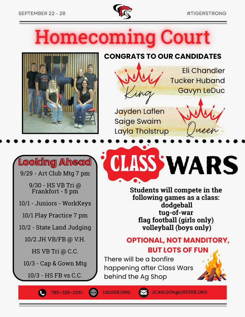 Homecoming Candidates, Class Wars info, Looking Ahead
